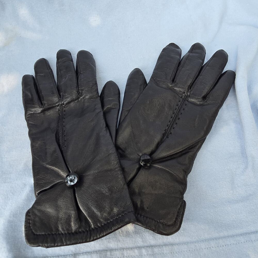 Vintage Grandoe Black Leather Gloves Women L 8 Rabbit Fur Lined Button Accent - Picture 5 of 7